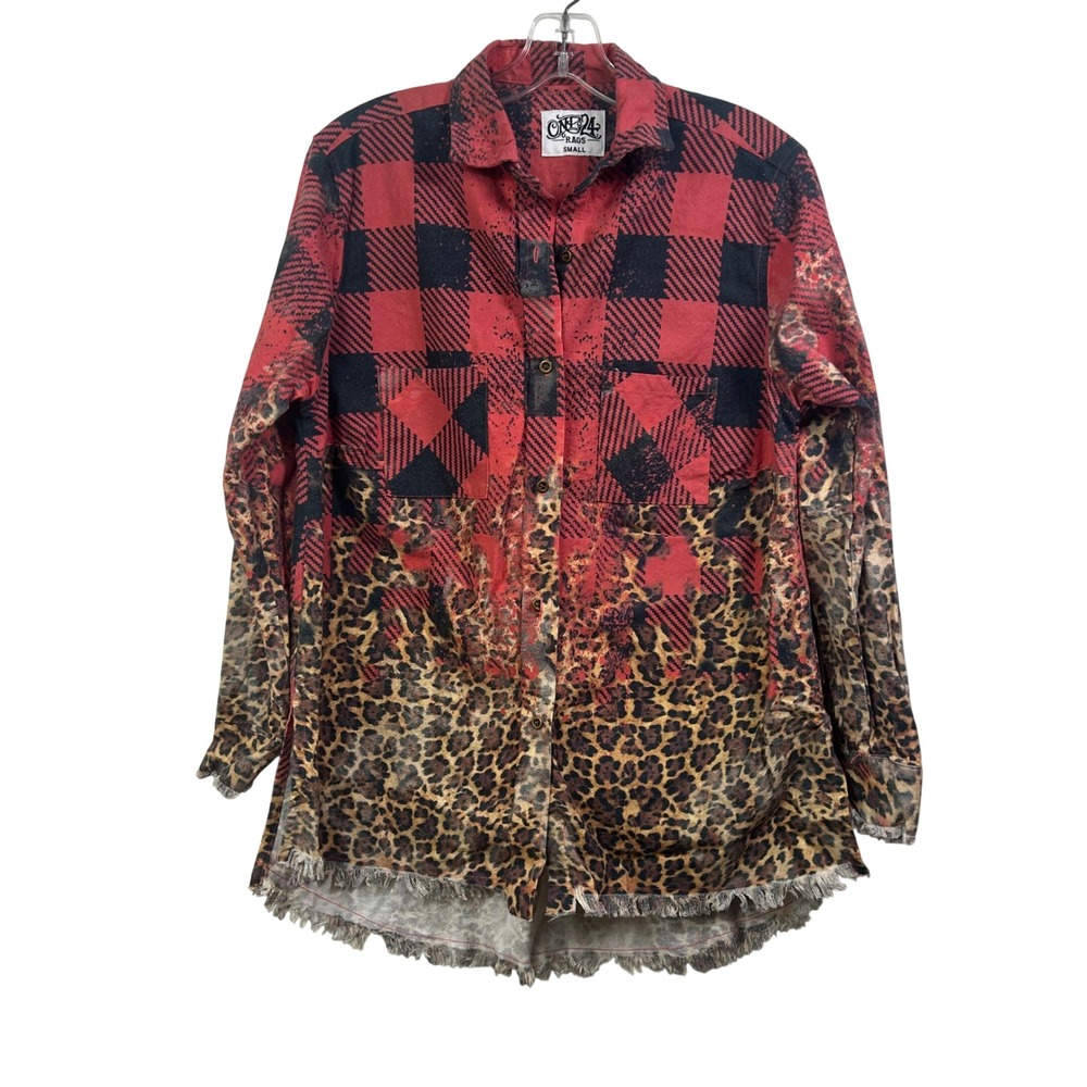 One24 Rags Distressed Buffalo Plaid Leopard Print Frayed Hem Button Down Shirt S